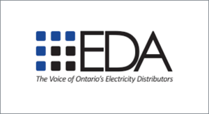 Logo of nine black and blue squares making up a larger square next to black text reading 'EDA The Voice of Ontario's Electricity Distribution'.